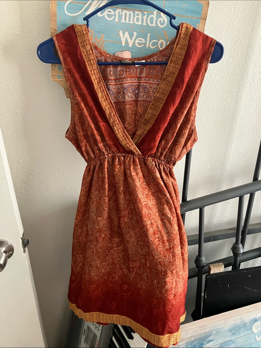 Mishka Rust-Orange Sleeveless V-Neck Dress with Gold Trim